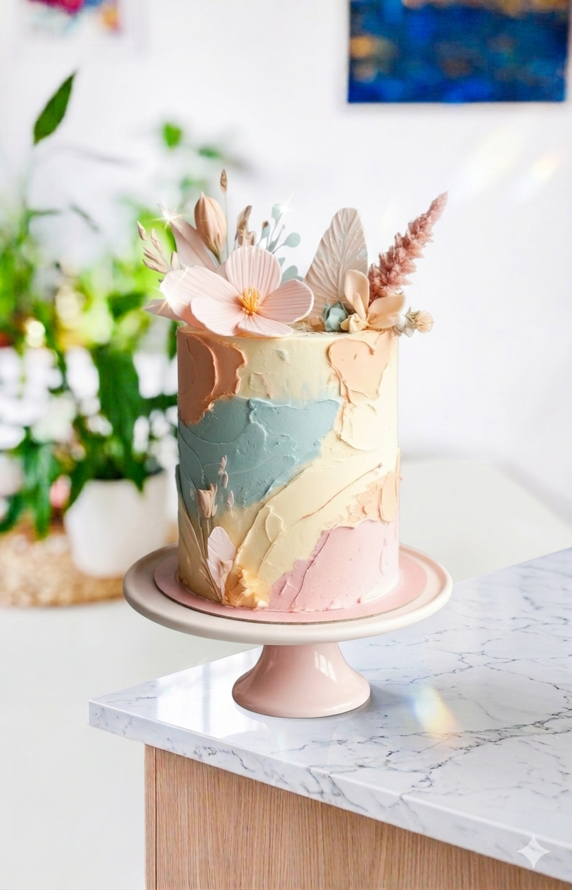 Hohe Torte mit handgemalter, pastellfarbener Buttercreme und Zuckerblüten auf einem rosa Tortenständer.