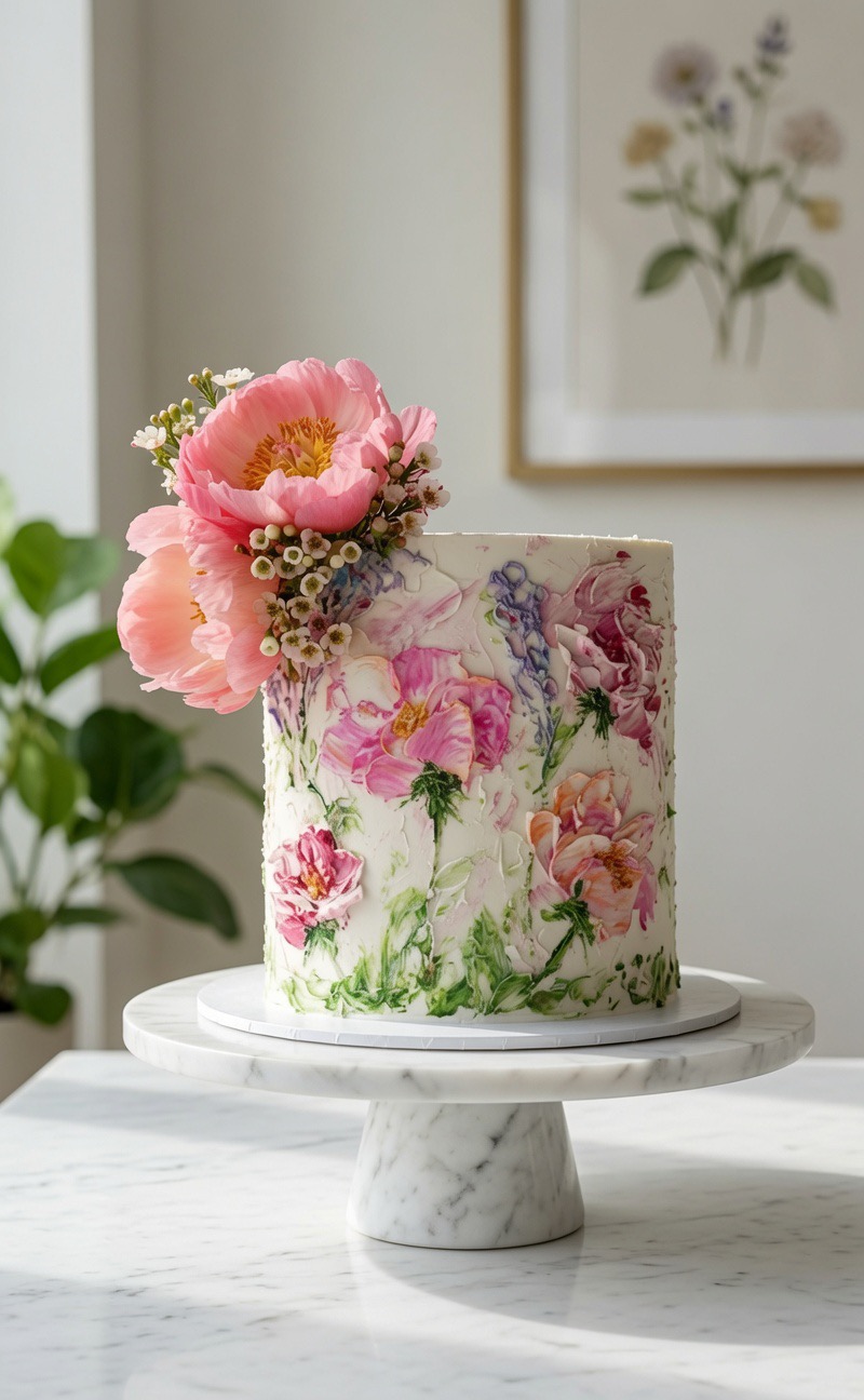 Torte mit handgemalter Blumen-Buttercreme, gekrönt von einer rosa Pfingstrose.