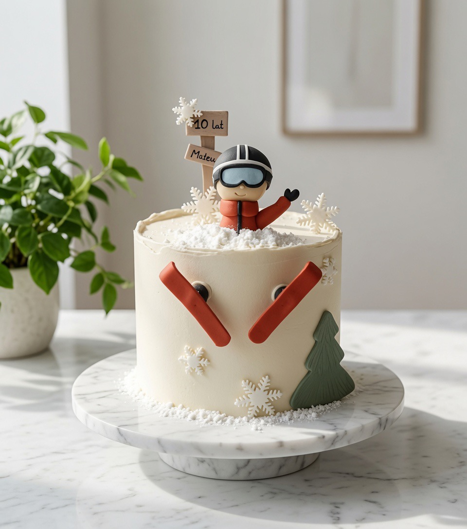 Winterliche Torte mit Ski-Motiv, Schneeflocken und einer kleinen Skifahrer-Figur.