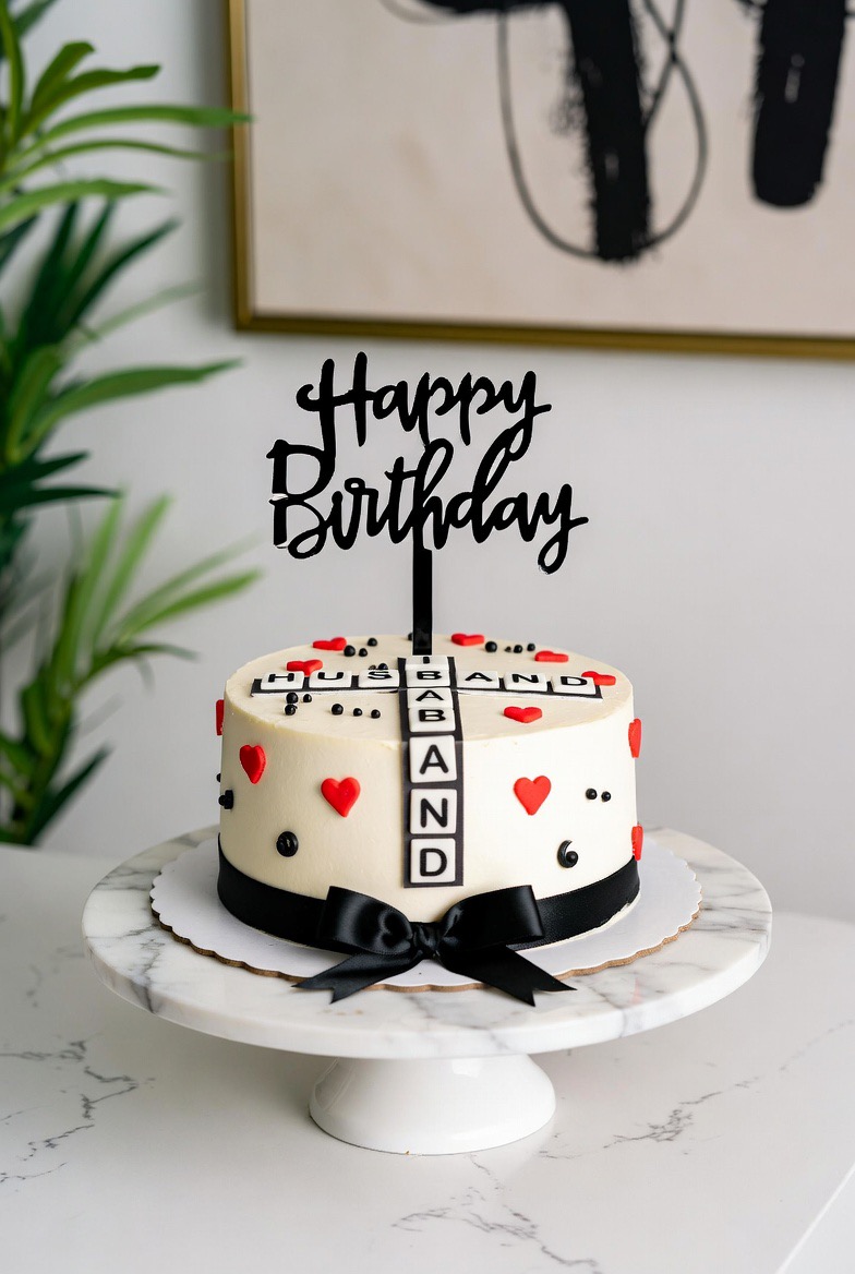 „Happy Birthday Husband“-Torte im Scrabble-Stil mit roten Herzen und schwarzer Schleife.