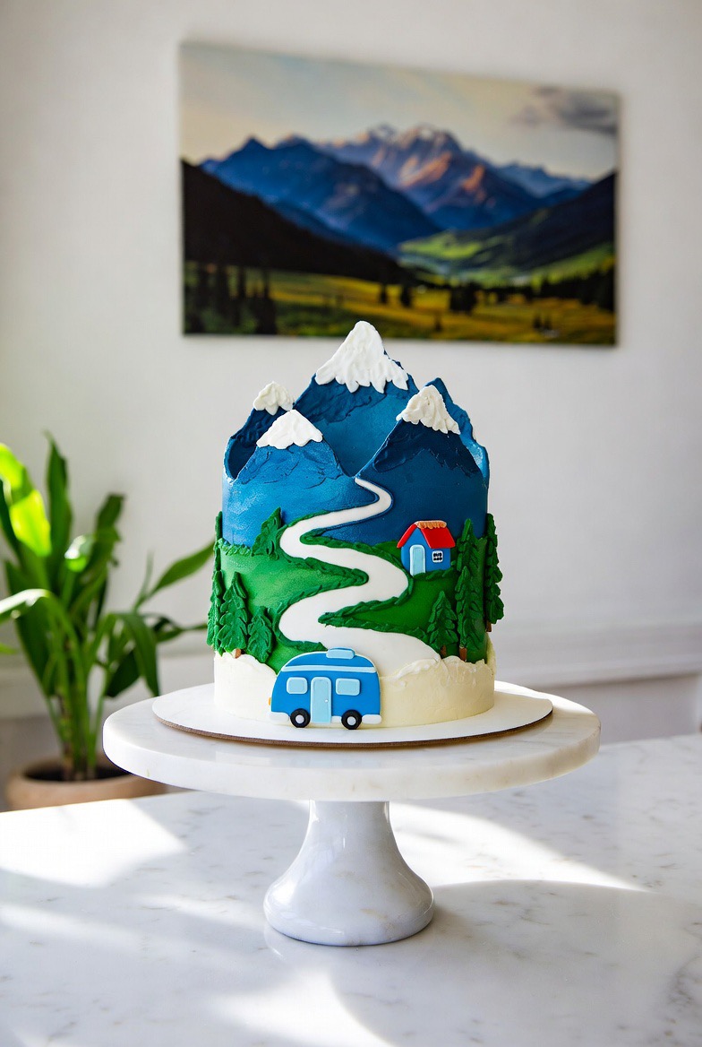 Hohe Torte mit Berglandschaft, Wohnwagen und schneebedeckten Gipfeln aus Fondant.