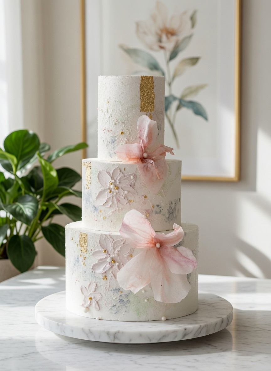Dreistöckige weiße Hochzeitstorte mit rosa Waffelblüten und Blattgold.