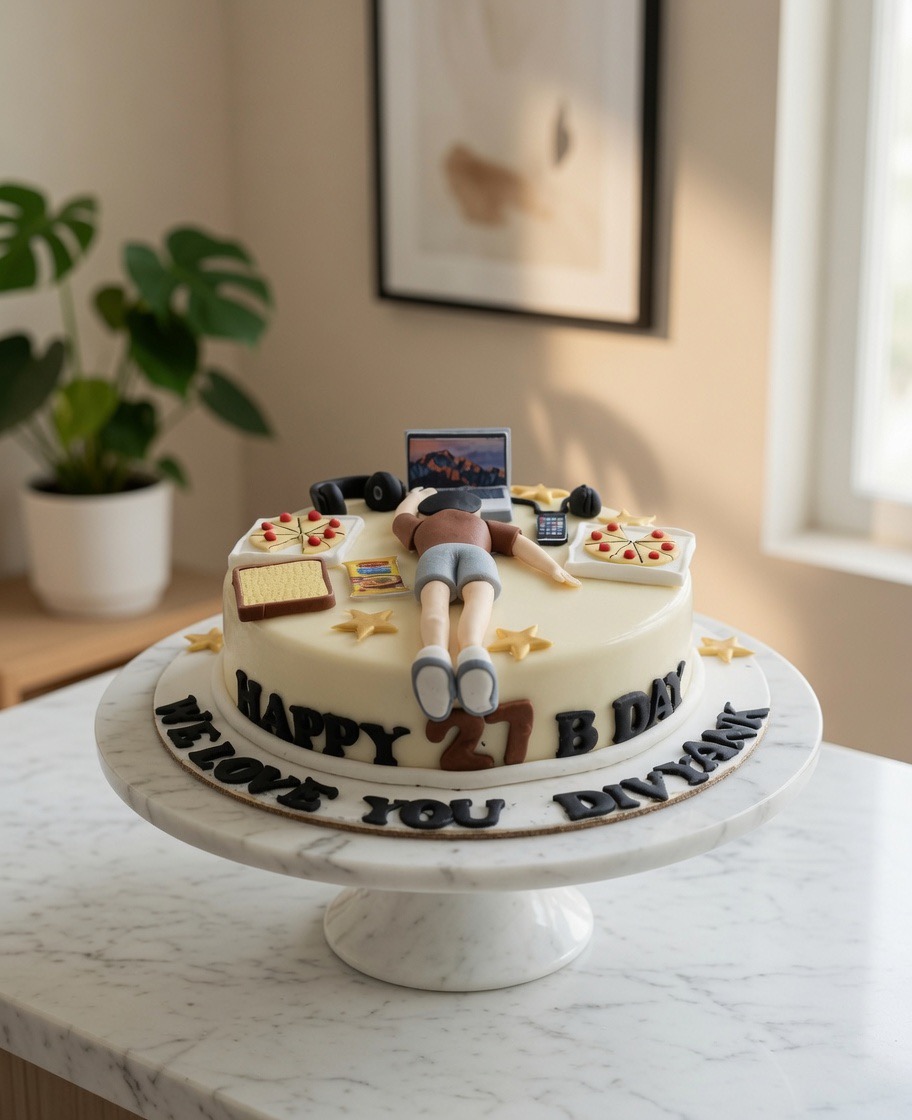 Verspielte Geburtstagstorte mit einer Fondant-Figur und Schriftzug „Happy B-Day“.