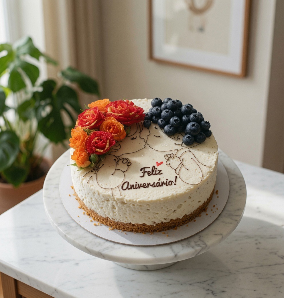 Cheesecake mit Beeren und Zuckerrosen, beschriftet mit „Feliz Aniversário“.