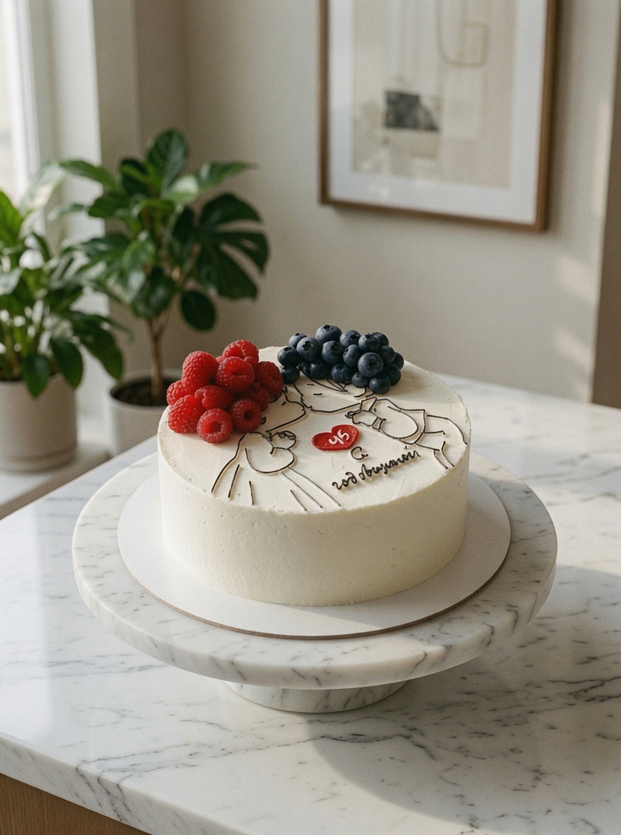 Schlichte weiße Torte mit frischen Himbeeren, Blaubeeren und feiner Linienzeichnung.
