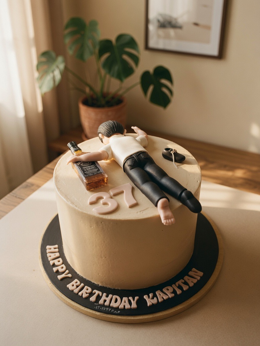 Humorvolle Geburtstagstorte mit liegender Fondant-Figur neben einer Flasche.