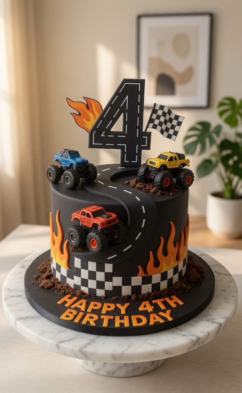 Schwarze Monstertruck-Torte mit Flammen und Rennflagge, „Happy 4th Birthday“.