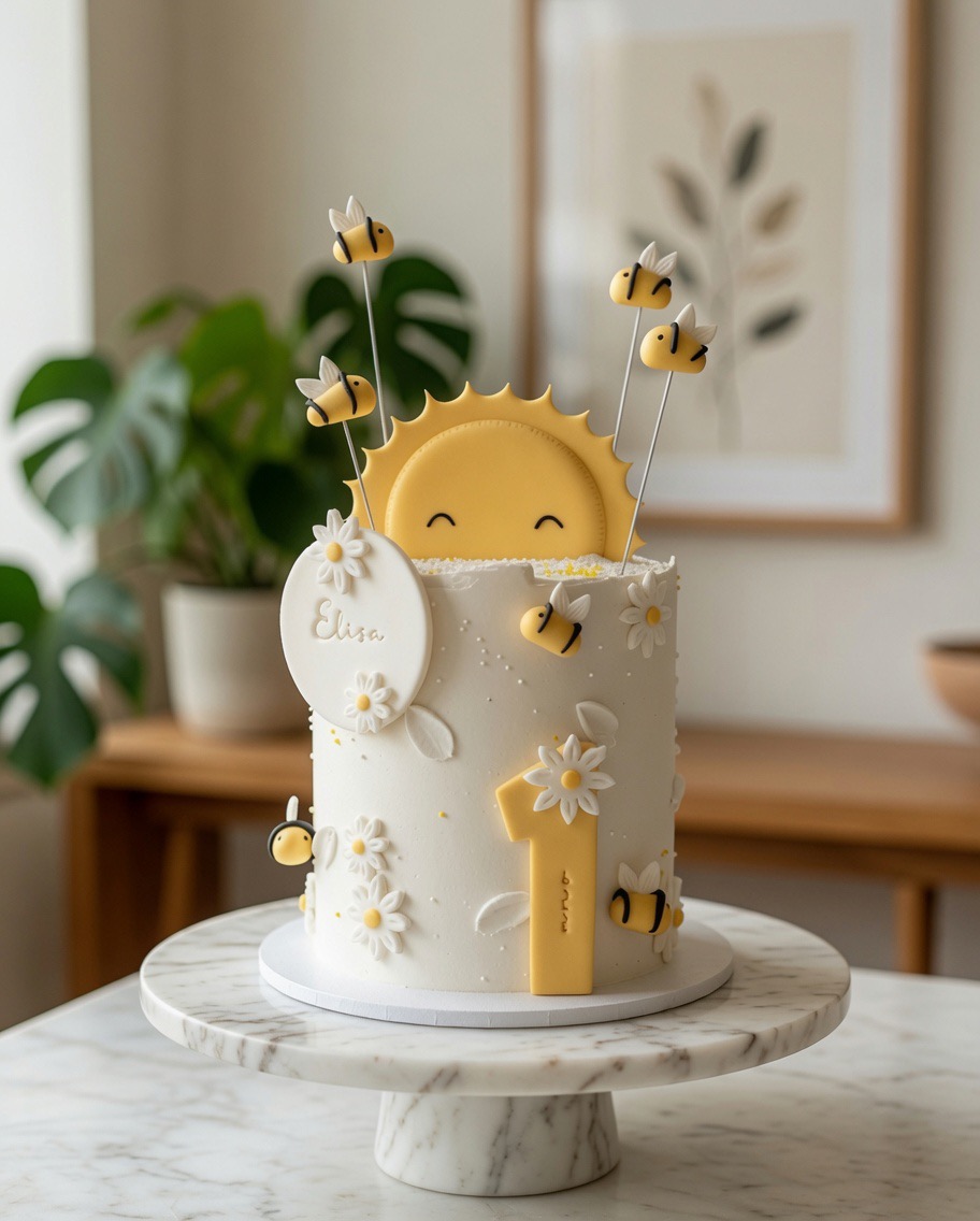Torte zum ersten Geburtstag mit lächelnder Sonne, Gänseblümchen und Fondant-Bienen.