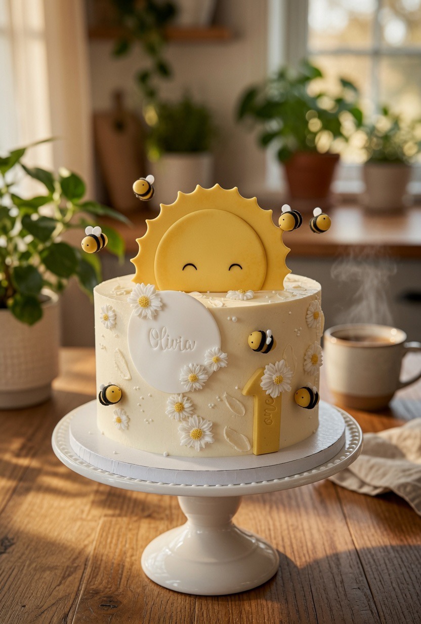 Torte zum ersten Geburtstag mit Sonne, Gänseblümchen und Bienen, „Olivia“.