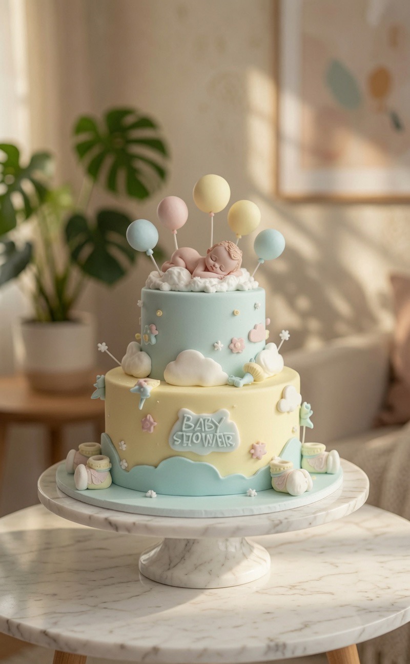 Zweistöckige Babyparty-Torte in Pastell mit Fondant-Luftballons und schlafendem Baby.