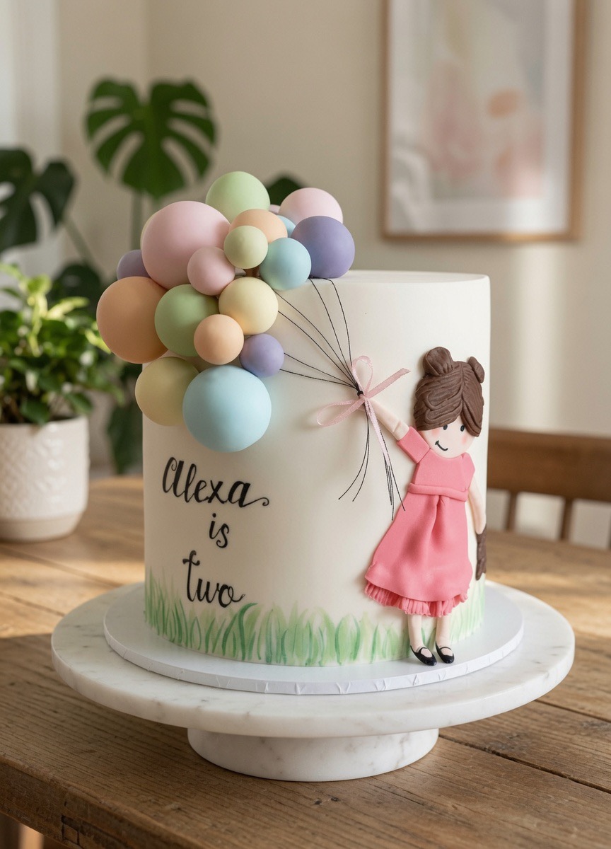 Hohe Geburtstagstorte mit Fondant-Luftballons und einem gemalten Mädchen, „Alexa is two“.