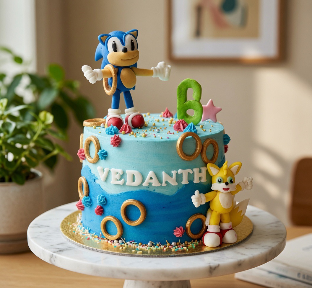 Sonic-Geburtstagstorte in Blau mit Sonic- und Tails-Figuren, „Vedanth“.