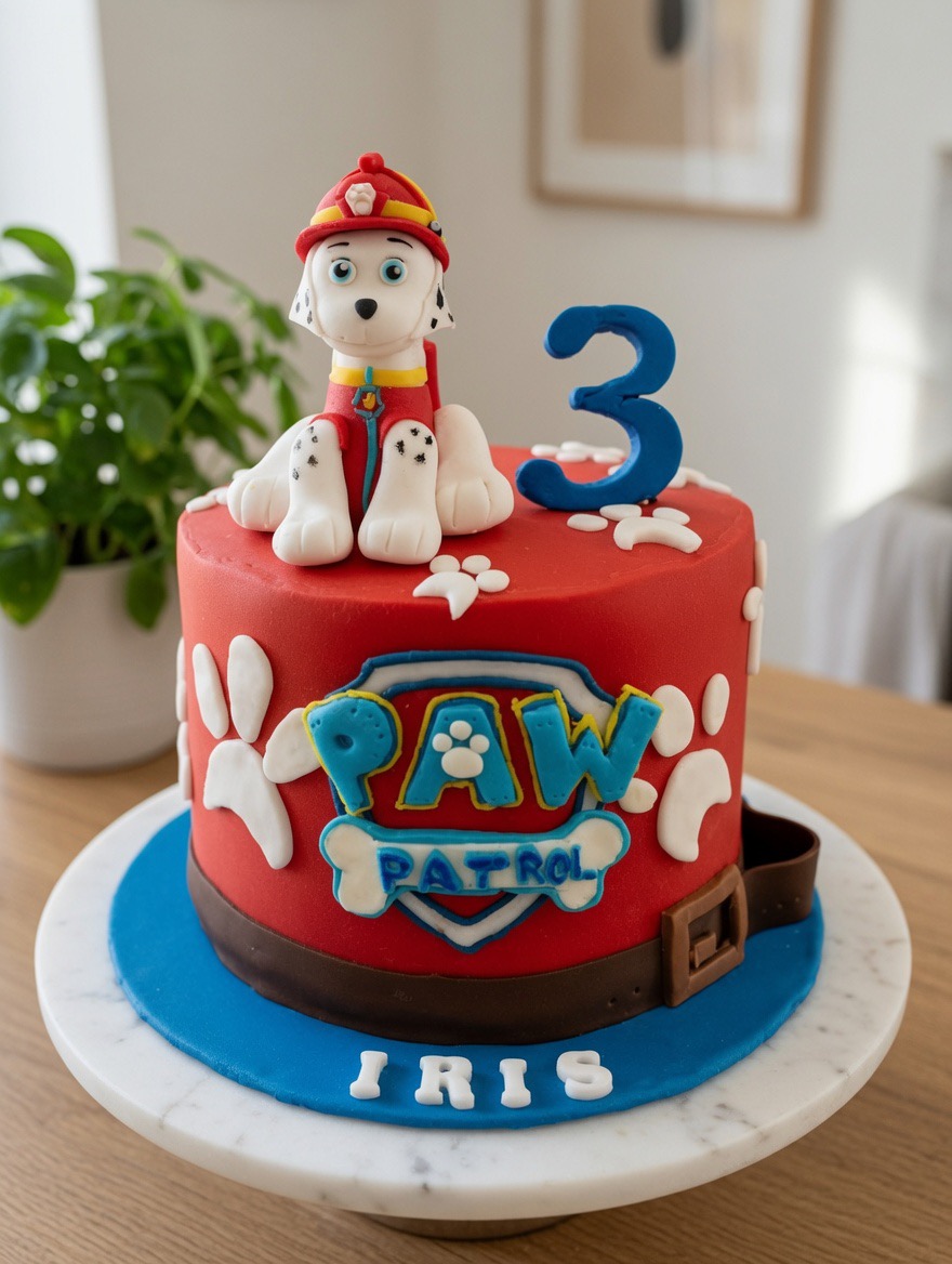 Rote Paw-Patrol-Torte mit Marshall-Figur und der Zahl Drei.