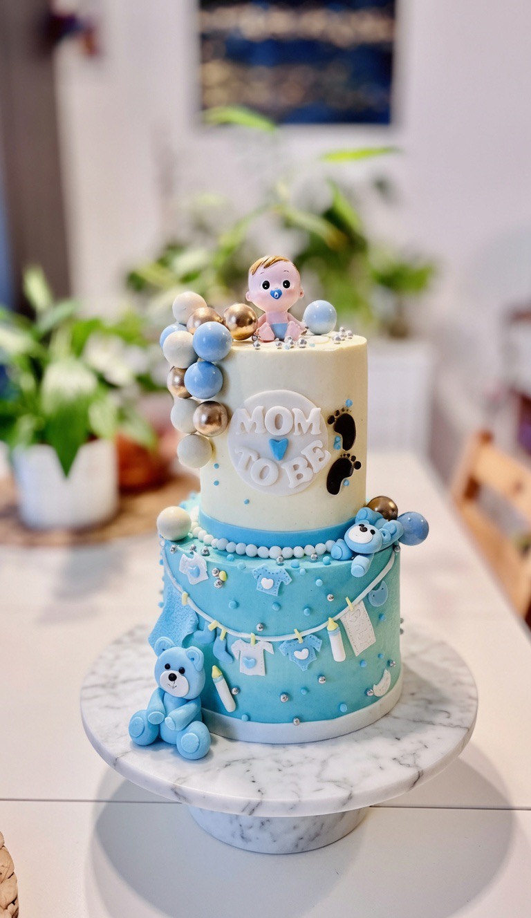 Zweistöckige Torte in Blau und Creme mit „Mom to be“-Schriftzug, Teddybären und Babykleidung.