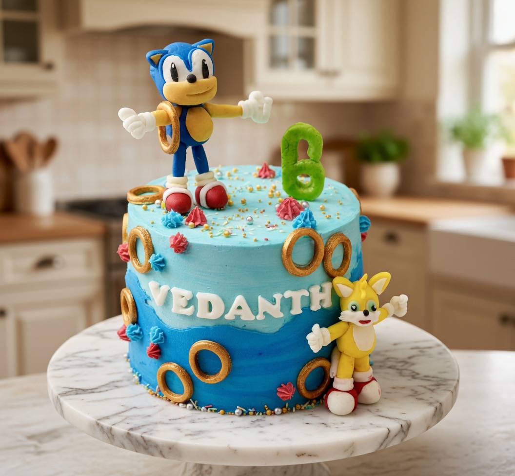 Blaue Sonic-Geburtstagstorte mit Sonic- und Tails-Figuren.