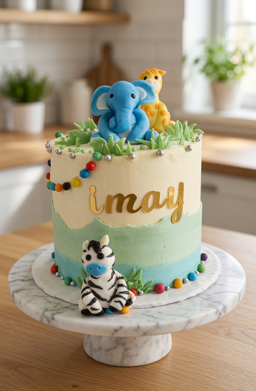 Safari-Torte mit Fondant-Elefant, -Giraffe und -Zebra.