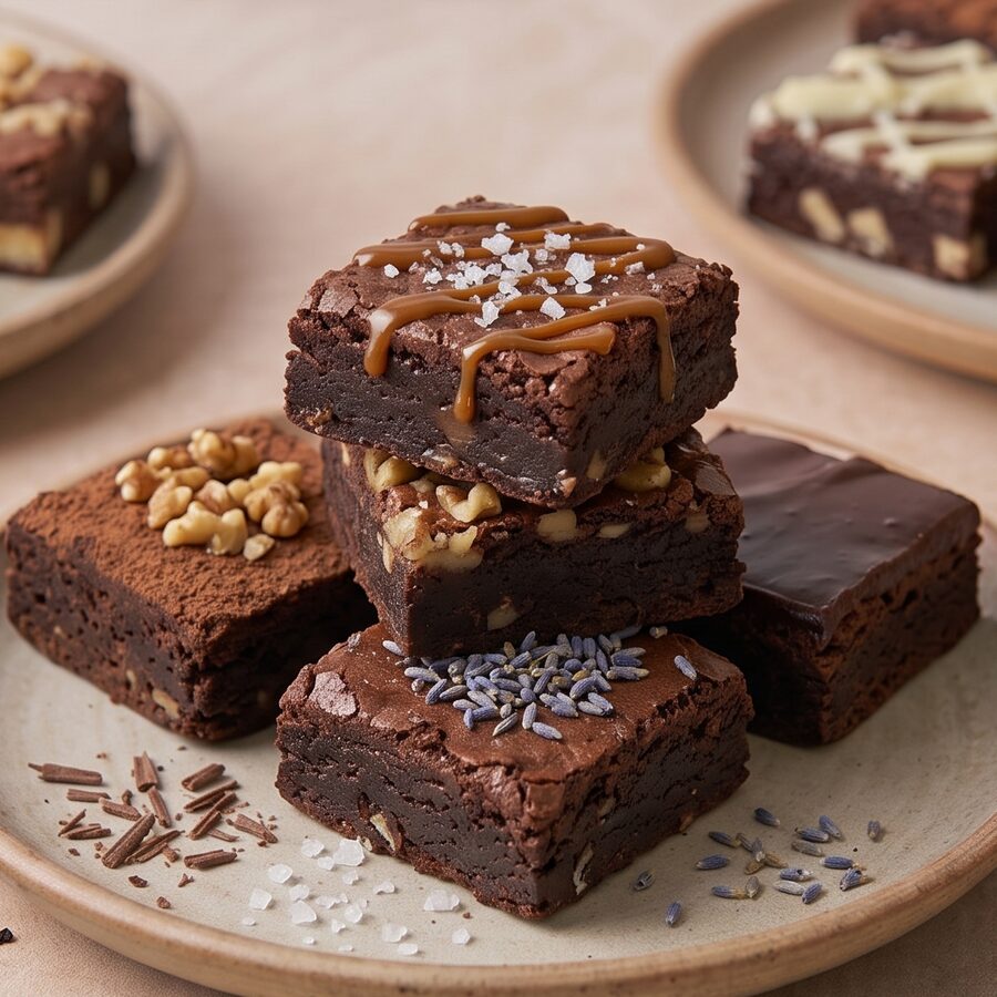 Ein Stapel saftiger Walnuss-Brownies mit Karamell.