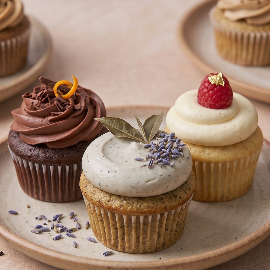 Drei verschiedene Cupcakes mit Schokoladen-, Lavendel- und Himbeer-Frosting.