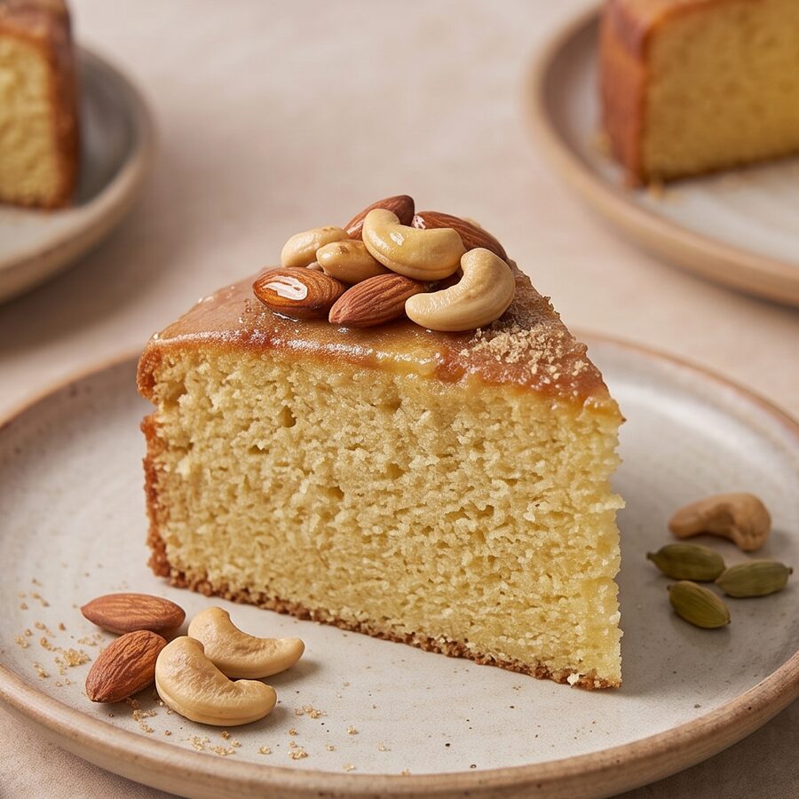 Ein Stück goldener Ghee-Kuchen mit Cashews und Mandeln.
