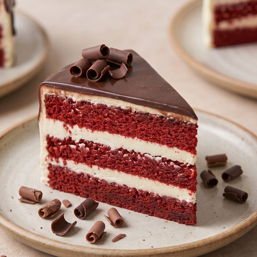 Ein Stück rote Schichttorte mit Cremefüllung und Schokoladenlocken.