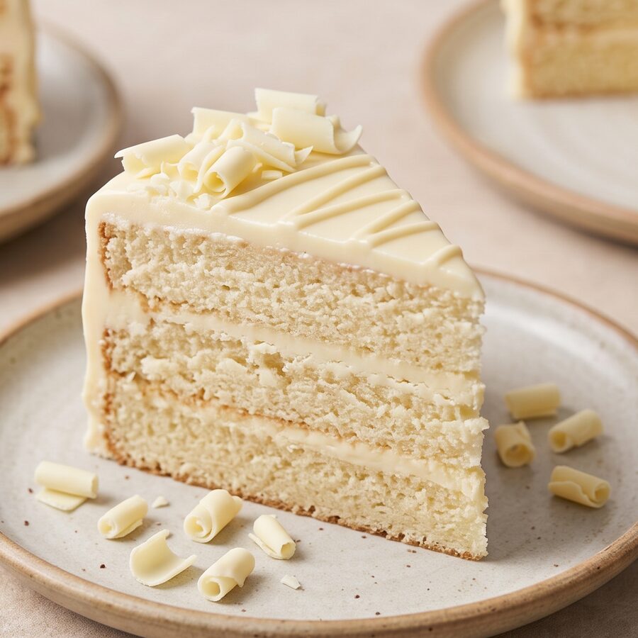 Ein Stück Torte mit weißer Schokolade und Schokoladenlocken.